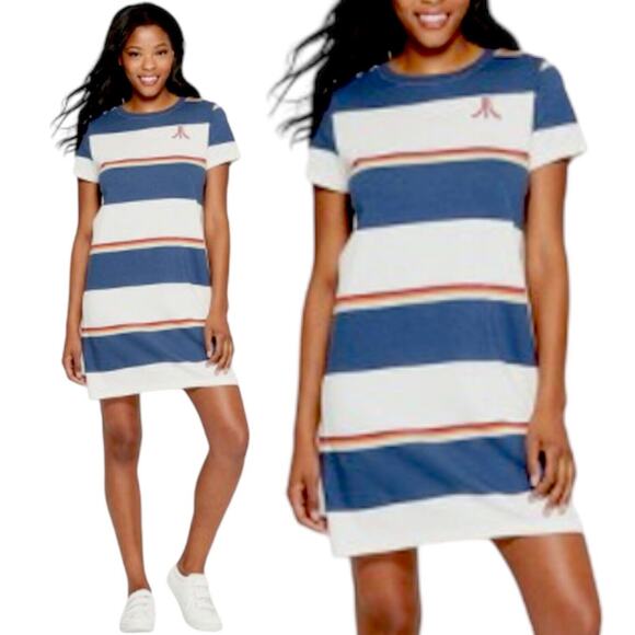 JUNK FOOD CLOTHING Atari Vintage Y2K Style Stripe Tunic Dress Blue Red Small - Picture 1 of 9